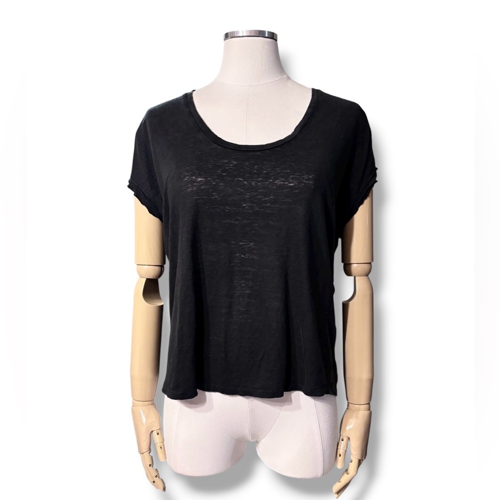 FRAME Easy Scoop Neck Organic Linen T-Shirt in Noir Size Small - Picture 12 of 12